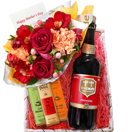 誕生日ギフト 生花 ビール スイーツ セット ベルギー クラフトビール「シメイ・レッド」750ml チョコレート 3種 お花 赤 オレンジ バラ カーネーション 華やか