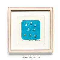 保立葉菜　木版画「海とヨット」