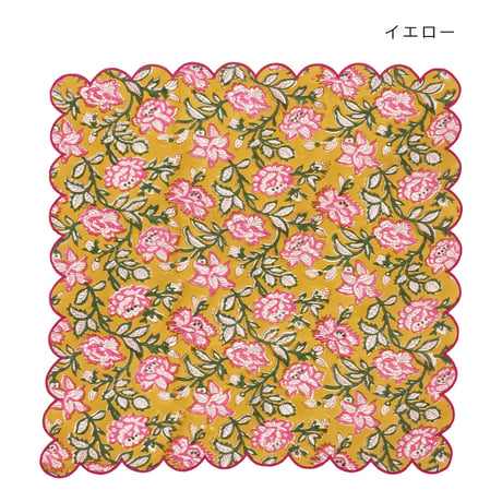 インド綿　フラワーハンカチ　ブロックプリント