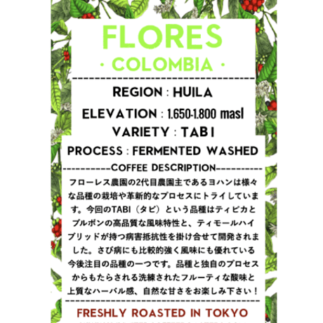 タビ種 Colombia Las Flores TABI Fermented Washed / コロンビア フローレス農園 ファーメンテッド ウォッシュト