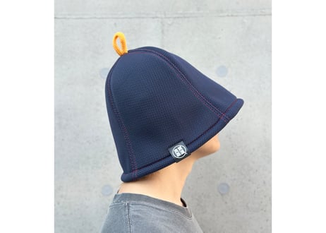 ネイビー 赤ステッチ オレンジ フック!! ✅次世代 ポリエステル・メッシュ素材 サウナハット ハンドメイド オリジナル商品 男女兼用 ゆったり