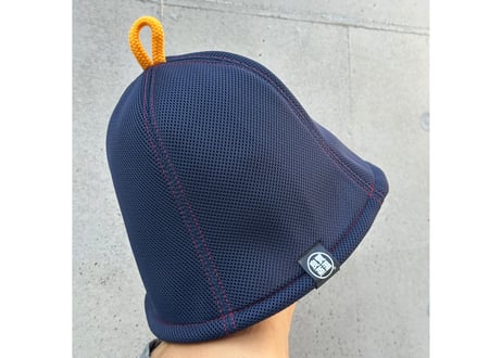 ネイビー 赤ステッチ オレンジ フック!! ✅次世代 ポリエステル・メッシュ素材 サウナハット ハンドメイド オリジナル商品 男女兼用 ゆったり