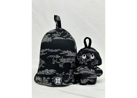 限定モデル!! 全身着物メッシュ君付 黒 鳥獣戯画 🐸着物生地🐰 和柄 トリプル仕立て! 3枚重ね 厚手メッシュ! サウナハット  Japanese pattern