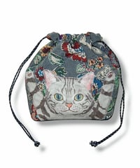 花柄ゴブラン織×cat　巾着ポーチ