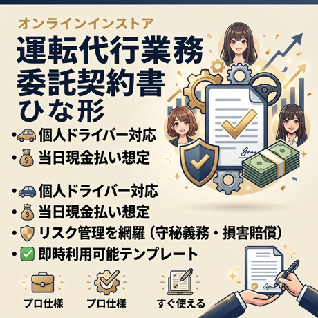 【業務委託契約書 テンプレート】運転代行・代行運転 ドライバー用 ひな形 当日現金払い対応