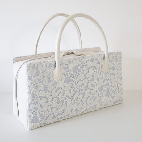 利休バッグ  / White  Lace & Blue Linen / R_1131