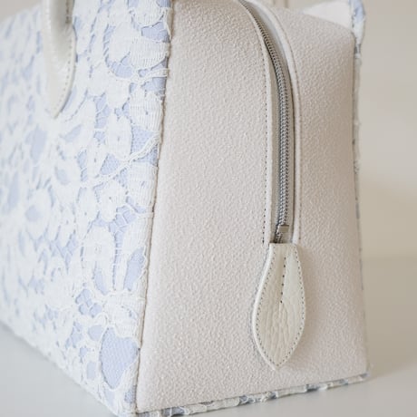 利休バッグ  / White  Lace & Blue Linen / R_1131