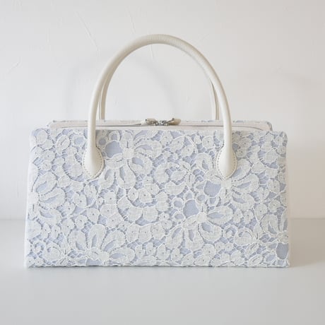 利休バッグ  / White  Lace & Blue Linen / R_1131