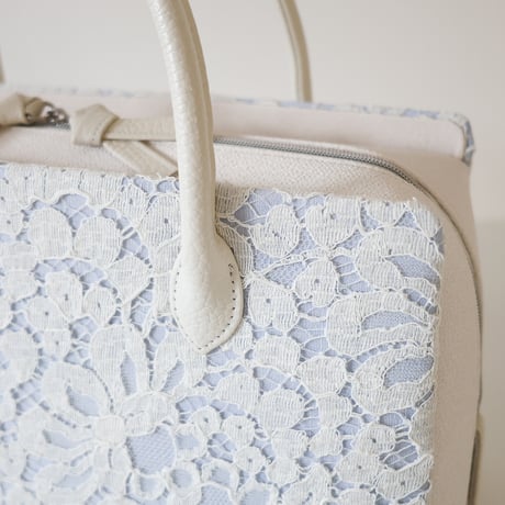 利休バッグ  / White  Lace & Blue Linen / R_1131