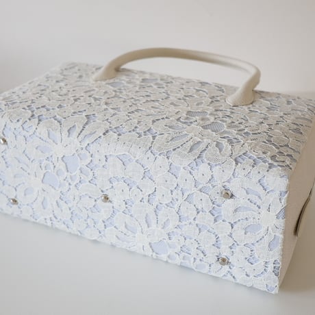 利休バッグ  / White  Lace & Blue Linen / R_1131