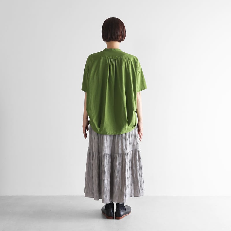 5分袖ゆるふわコットンバンドカラーコクーンブラウス（グラスグリーン