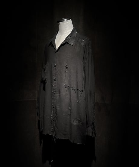 Vintage damage Distressed Rayon Long Sleeve Shirt - Black