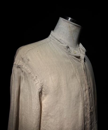 Vintage damage Linen Stand Collar Shirt - Beige