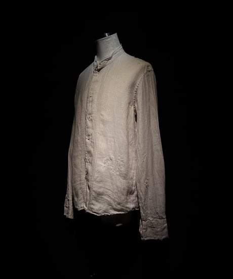Vintage damage Linen Stand Collar Shirt - Beige