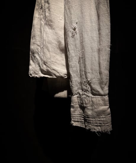Vintage damage Linen Stand Collar Shirt - Beige