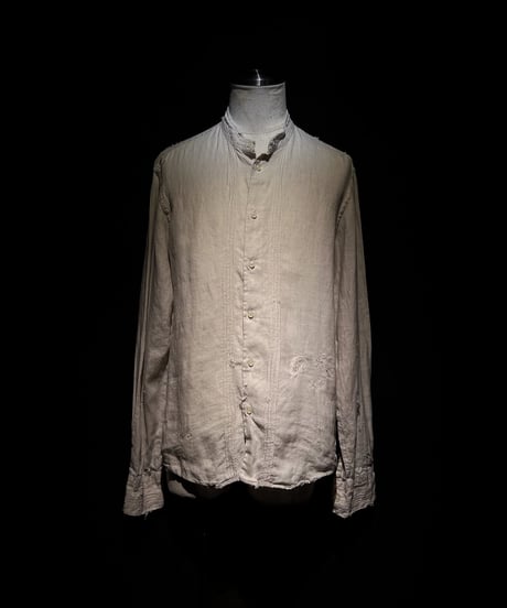 Vintage damage Linen Stand Collar Shirt - Beige