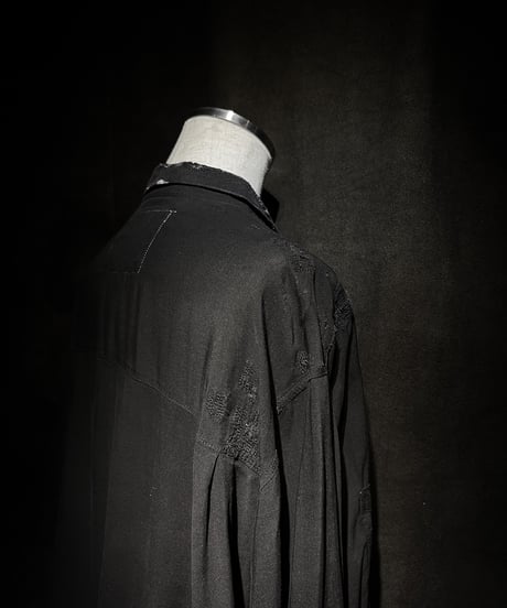 Vintage damage Distressed Rayon Long Sleeve Shirt - Black