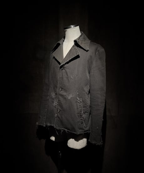 Faded Black Distressed Twill Tailored Jacket