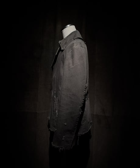 Faded Black Distressed Twill Tailored Jacket