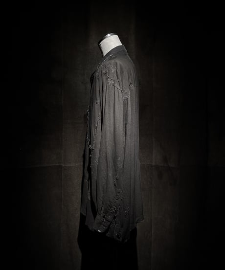Vintage damage Distressed Rayon Long Sleeve Shirt - Black