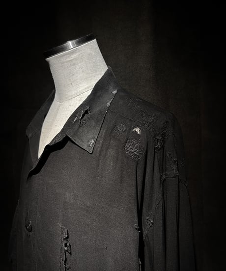 Vintage damage Distressed Rayon Long Sleeve Shirt - Black