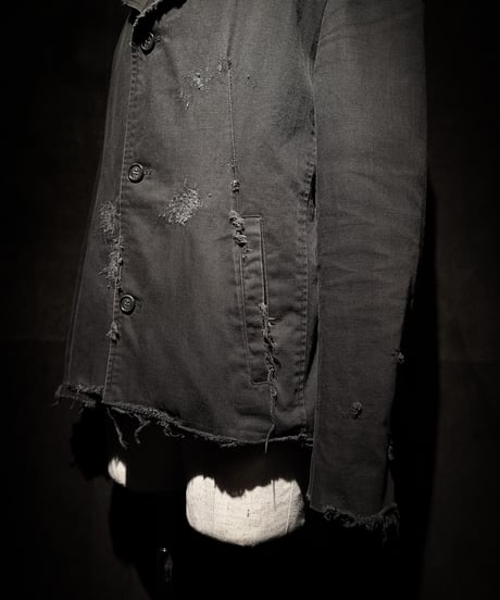 Faded Black Distressed Twill Tailored Jacket