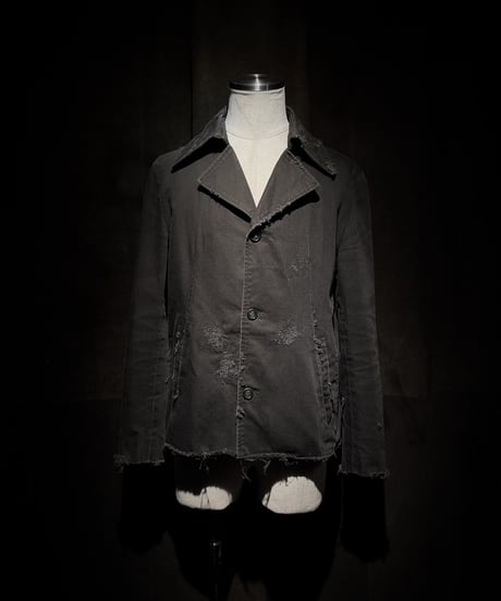 Faded Black Distressed Twill Tailored Jacket