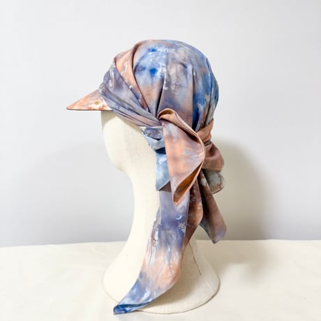70cm Carré／【一点もの】手染め 月虹Orange x Navy スカーフキャップ70cm角