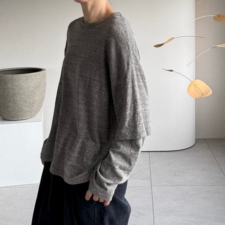 RAW MELANGE COTTON JERSEY   Layered Long T-shirt  【MOKU－ＣHACOAL】