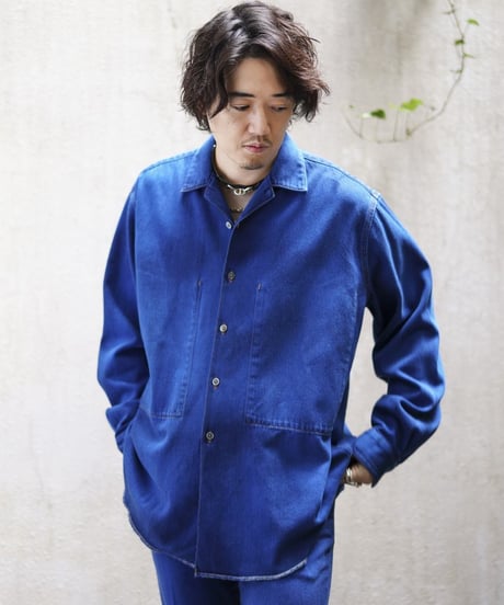 OVERDYED OPEN COLLAR DENIM SHIRT JACKET Fabric by KUROKI