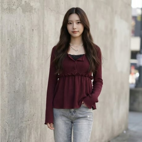 49レノバフリルボタンロングスリーブTシャツ