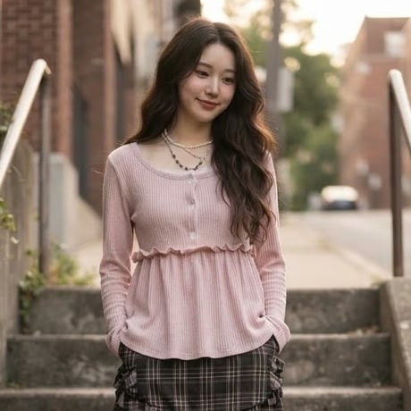 49レノバフリルボタンロングスリーブTシャツ