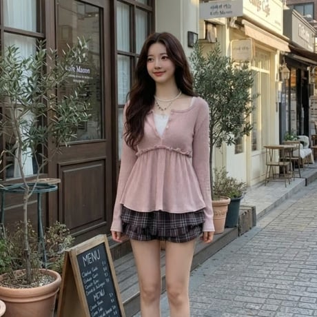 49レノバフリルボタンロングスリーブTシャツ
