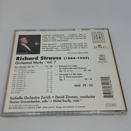 Richard Strauss: Don Quixote,Celloromanze,Bläserserenade/Tonhalle Orchestra Zurich,David Zinman