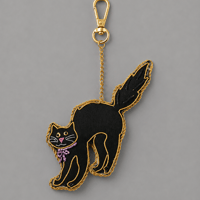ザリ刺繍　ブラックキャットキーホルダー