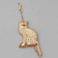ザリ刺繍　キャット・アイボリーキーホルダー