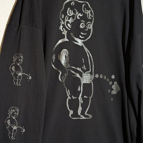 【受注生産】oversizeおしっこくんだらけビッグシルエットロンT  黒光り！ラメ入りブラックインクver