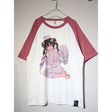 【予約販売】豚箱ゑる子コラボアイテム 『酒乱天使』（エンジェル・オートマタ）ラグランtee　キラキラPINK