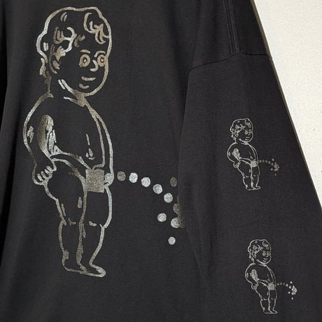 【受注生産】oversizeおしっこくんだらけビッグシルエットロンT  黒光り！ラメ入りブラックインクver