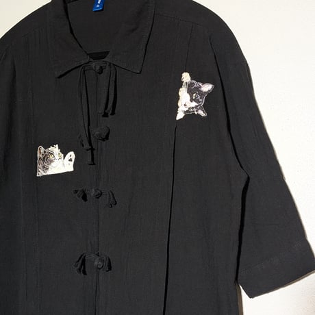 ネコちゃん刺繍5分袖チャイナシャツ