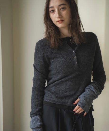 mohair-blend sheer henley knit