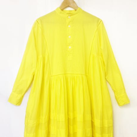 Band Collar Pintuck Gathered Shirt Dress / Lemon Yellow
