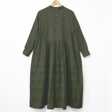 Band Collar Pintuck Gathered Dress / Khaki Green
