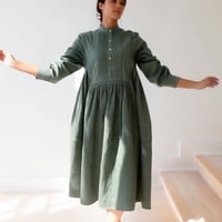 Band Collar Pintuck Gathered Dress / Khaki Green
