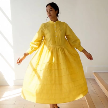 Band Collar Pintuck Gathered Shirt Dress / Lemon Yellow