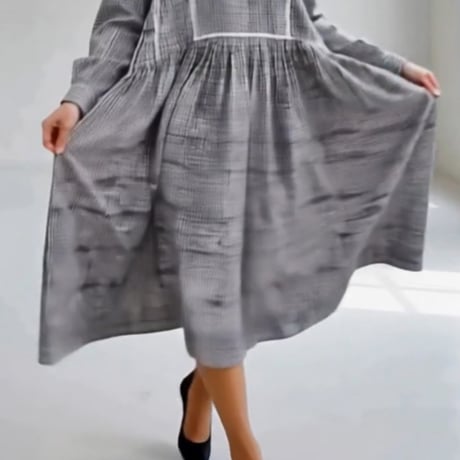 Gingham Cotton Pintuck Gathered Dress / Black × White