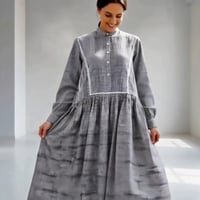 Gingham Cotton Pintuck Gathered Dress / Black × White