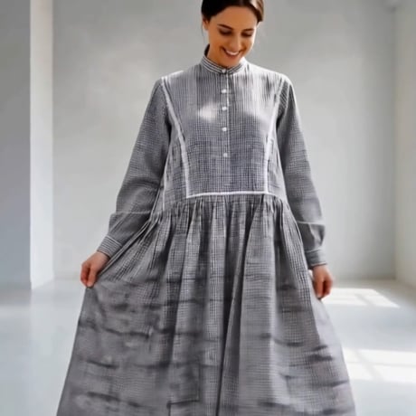 Gingham Cotton Pintuck Gathered Dress / Black × White