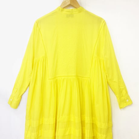 Band Collar Pintuck Gathered Shirt Dress / Lemon Yellow