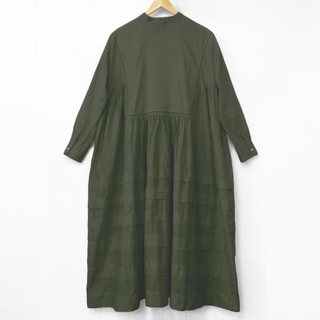 Band Collar Pintuck Gathered Dress / Khaki Green